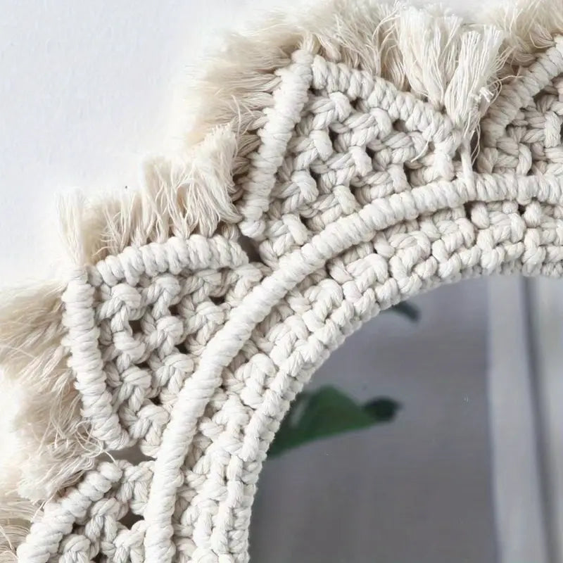Beige Wandspiegel Macramé Boho Stijl Handgemaakt Lichtgewicht