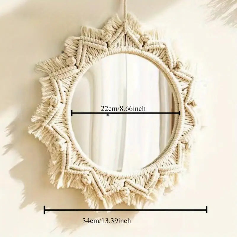 Beige Wandspiegel Macramé Boho Stijl Handgemaakt Lichtgewicht