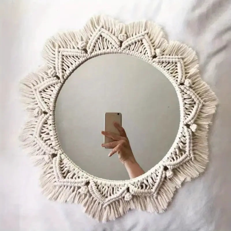 Beige Wandspiegel Macramé Boho Stijl Handgemaakt Lichtgewicht