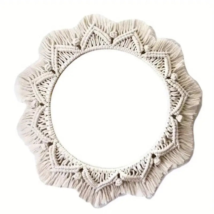 Beige Wandspiegel Macramé Boho Stijl Handgemaakt Lichtgewicht