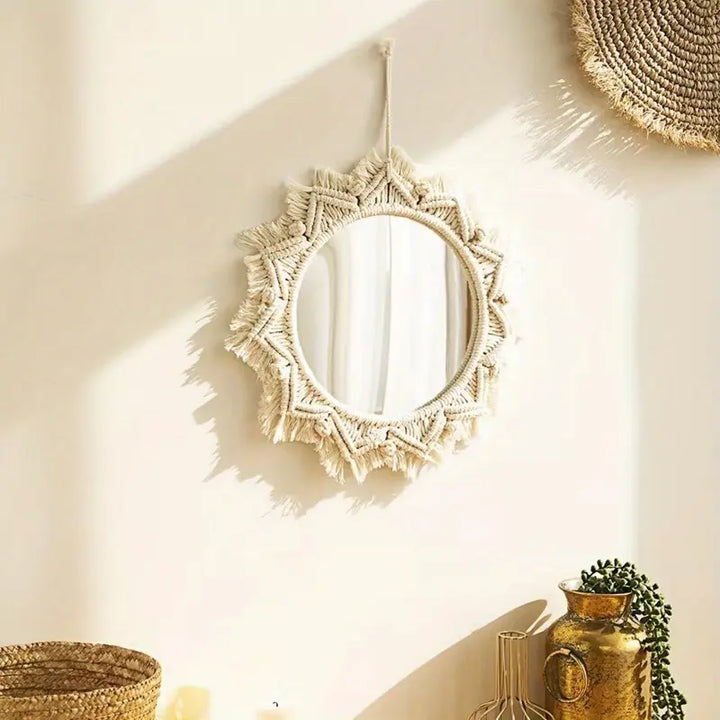 Beige Wandspiegel Macramé Boho Stijl Handgemaakt Lichtgewicht