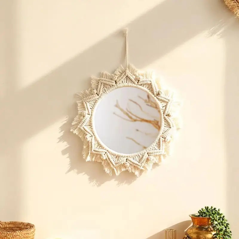 Beige Wandspiegel Macramé Boho Stijl Handgemaakt Lichtgewicht
