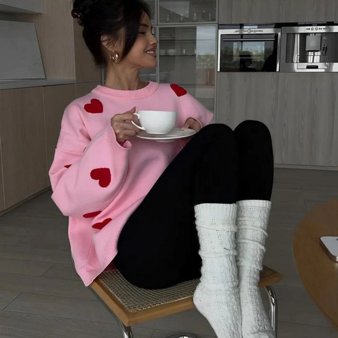 Heartbreaker Cozy Oversized Love Trui Voor Dames Wit Met Rode Hartjes