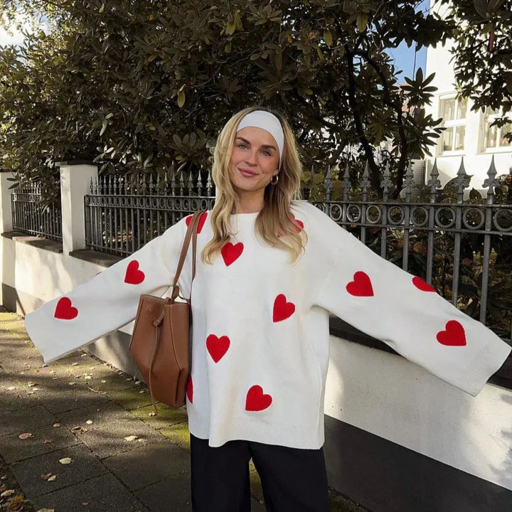 Heartbreaker Cozy Oversized Love Trui Voor Dames Wit Met Rode Hartjes