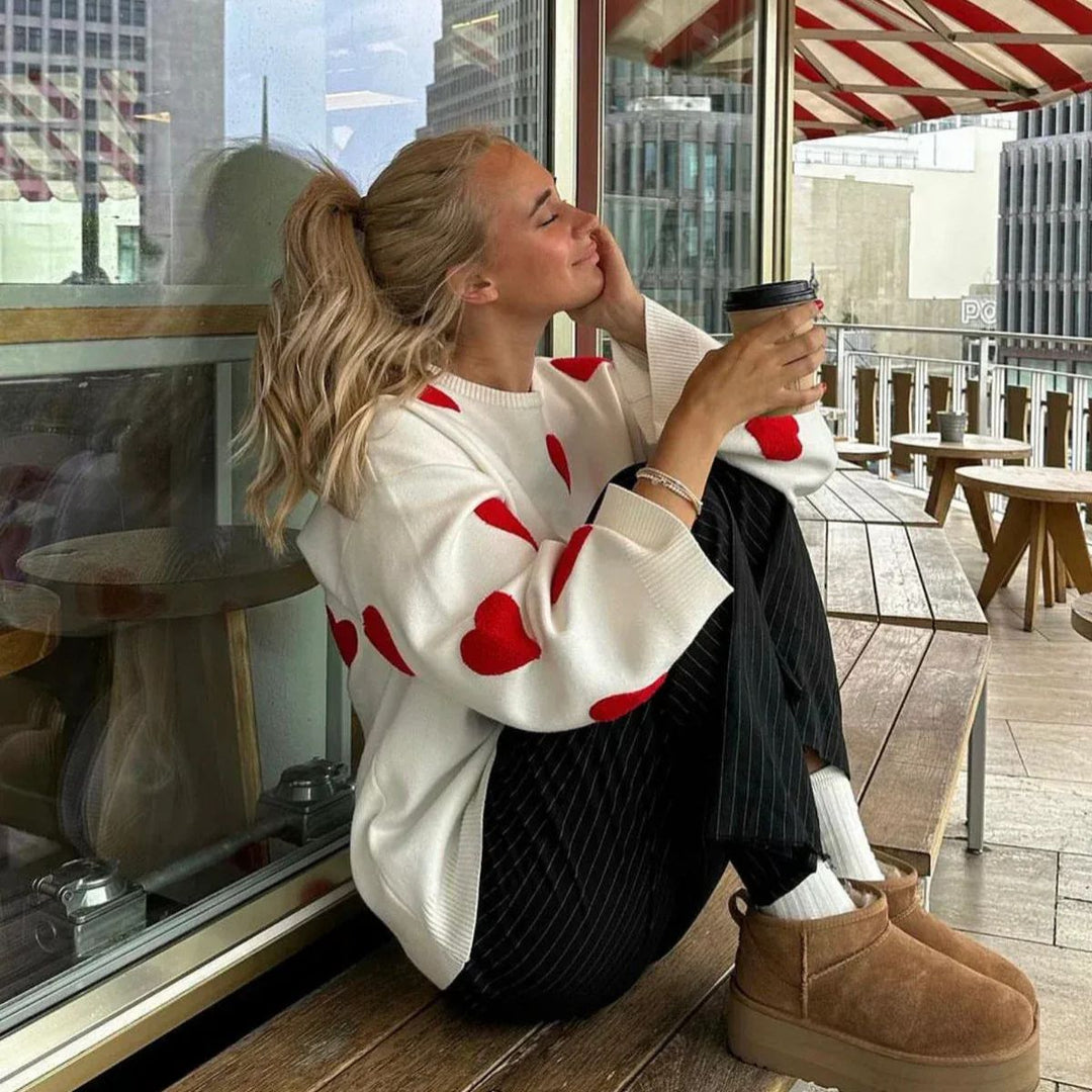 Heartbreaker Cozy Oversized Love Trui Voor Dames Wit Met Rode Hartjes
