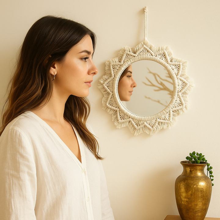 Beige Wandspiegel Macramé Boho Stijl Handgemaakt Lichtgewicht
