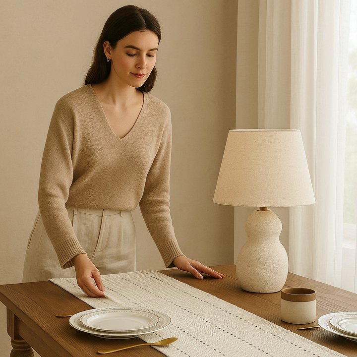 Boho Katoenen Tafelloper Handgeweven Beige Woondecor
