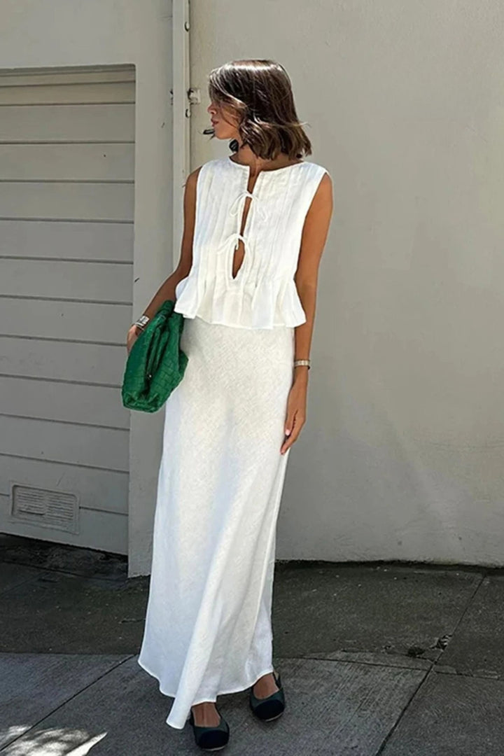 Mouwloze Plissé Top met Striksluiting en Midi Rok - Co ord set