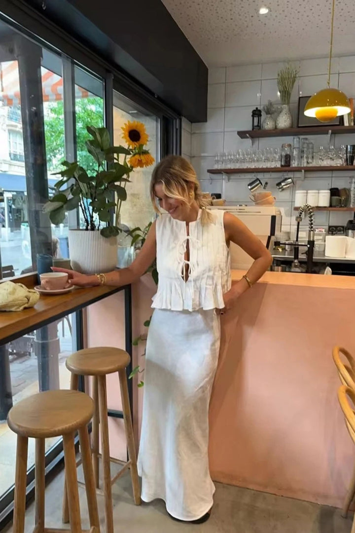 Mouwloze Plissé Top met Striksluiting en Midi Rok - Co ord set