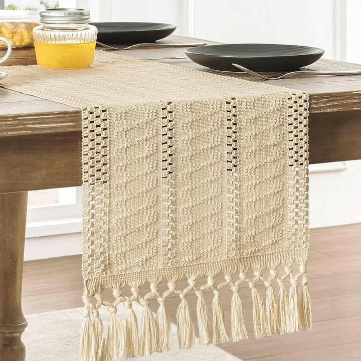 Boho Katoenen Tafelloper Handgeweven Beige Woondecor