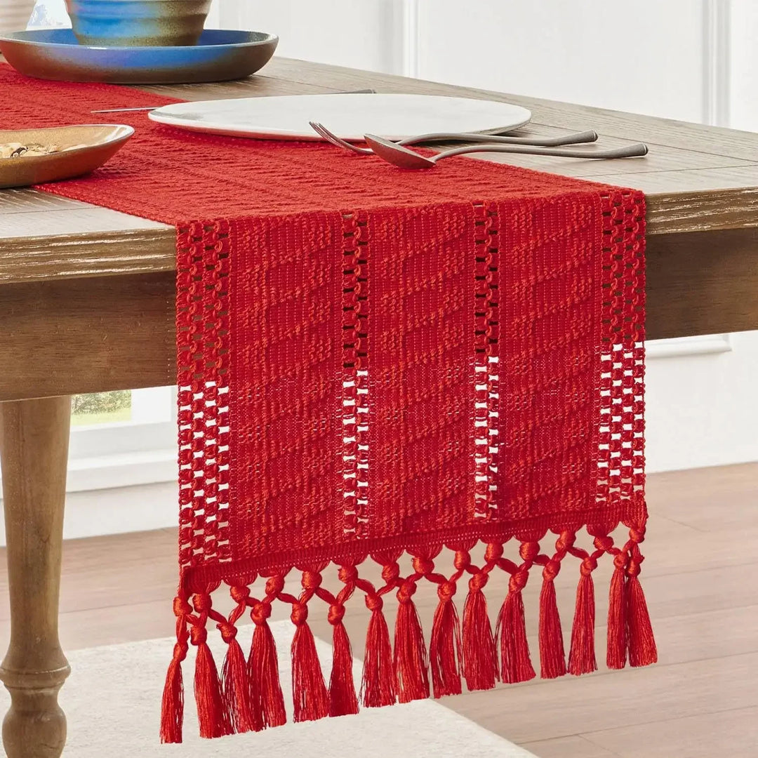 Boho Katoenen Tafelloper Handgeweven Beige Woondecor
