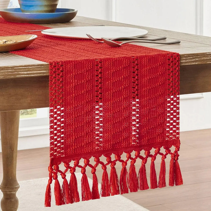 Boho Katoenen Tafelloper Handgeweven Beige Woondecor
