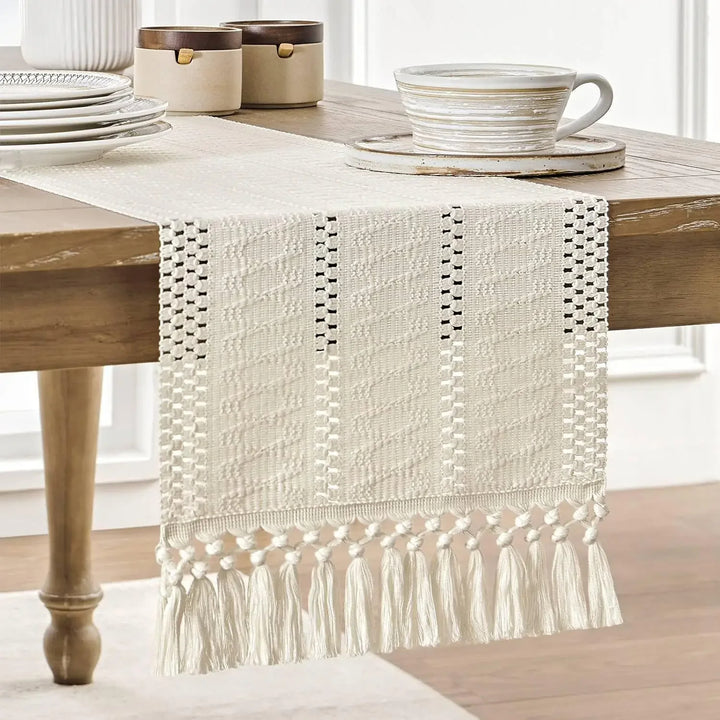 Boho Katoenen Tafelloper Handgeweven Beige Woondecor