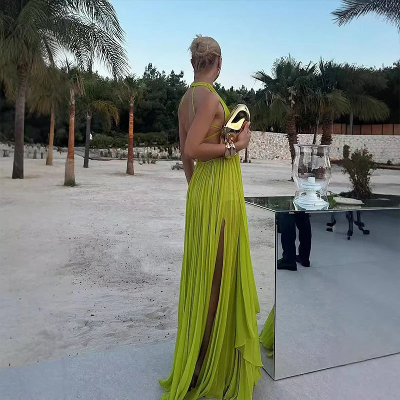 Alina – Geplooide Halternek Maxi Jurk Dames