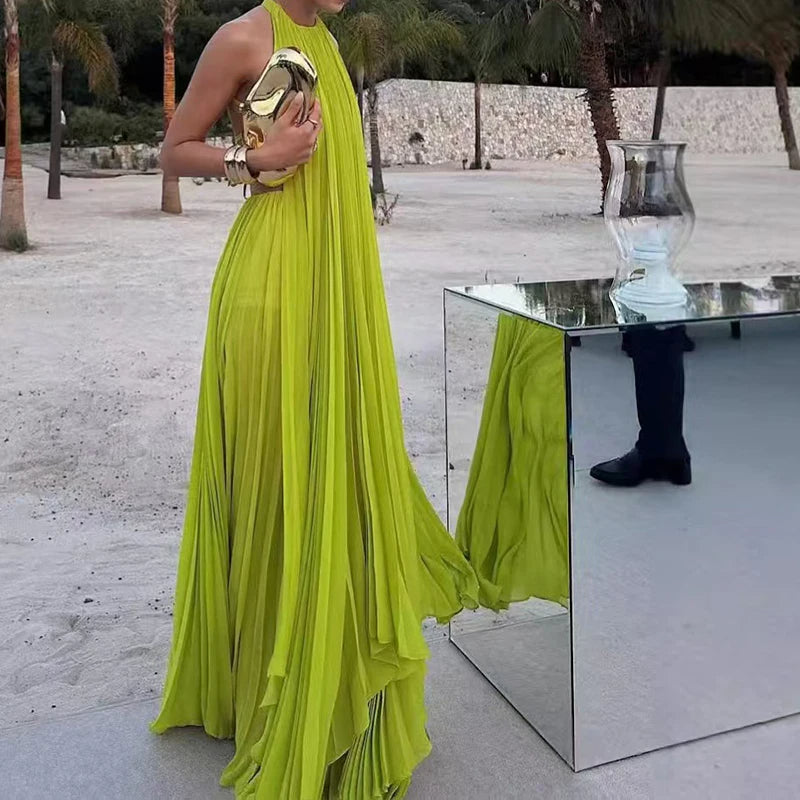 Alina – Geplooide Halternek Maxi Jurk Dames
