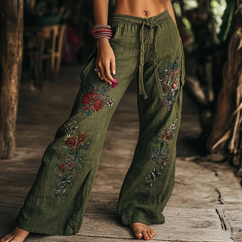 Boho chique wijde broek met bloemenprint in zachte katoen