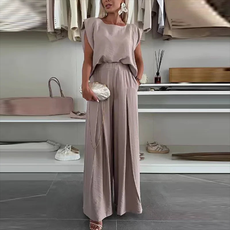 Morning Glow - High Waist Wide Leg linnen set - top + broek
