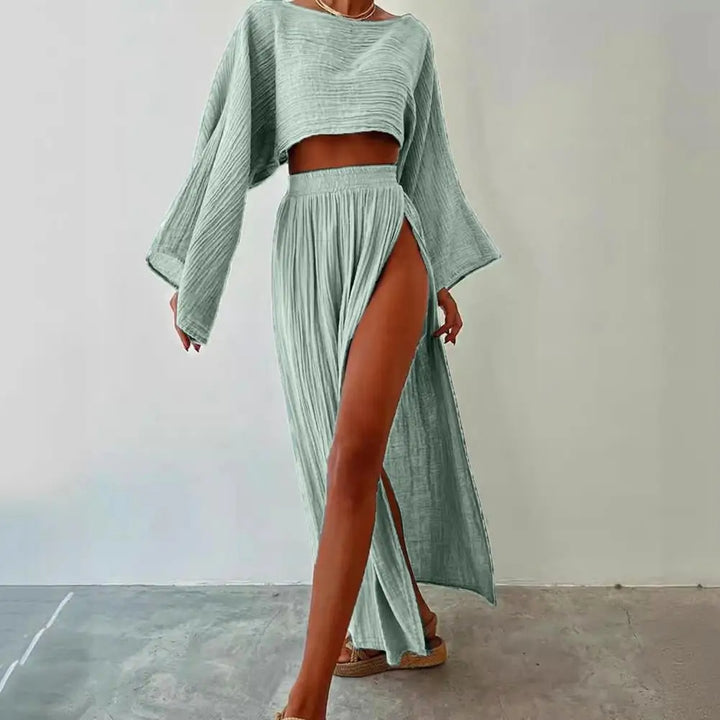 Crop Top met Lange Mouwen en Maxi Rok met Split - Boho Zomeroutfit