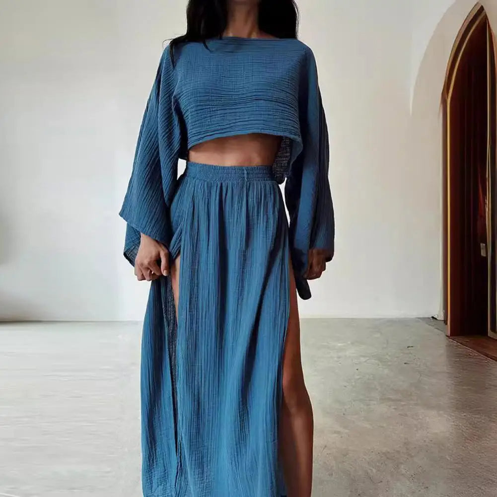 Crop Top met Lange Mouwen en Maxi Rok met Split - Boho Zomeroutfit