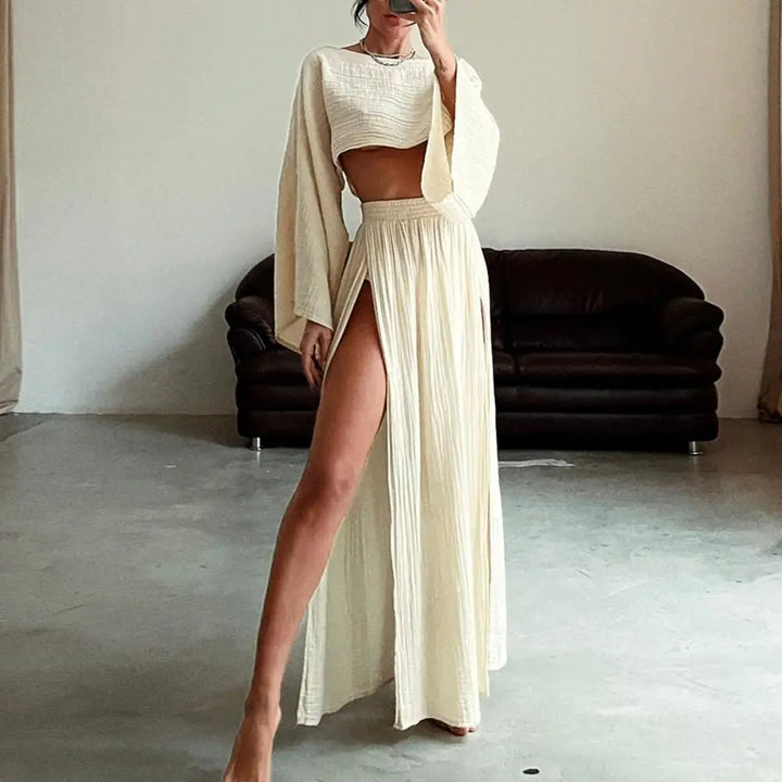 Crop Top met Lange Mouwen en Maxi Rok met Split - Boho Zomeroutfit