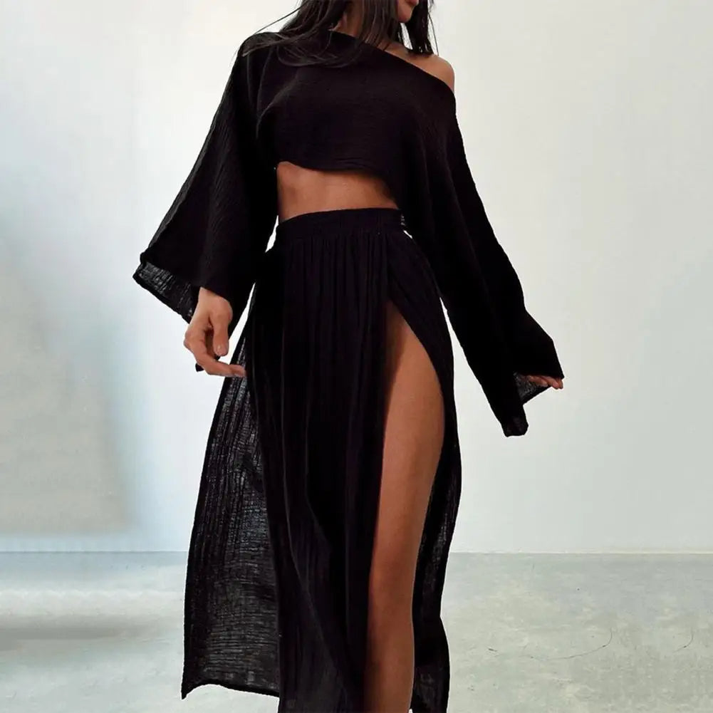 Crop Top met Lange Mouwen en Maxi Rok met Split - Boho Zomeroutfit