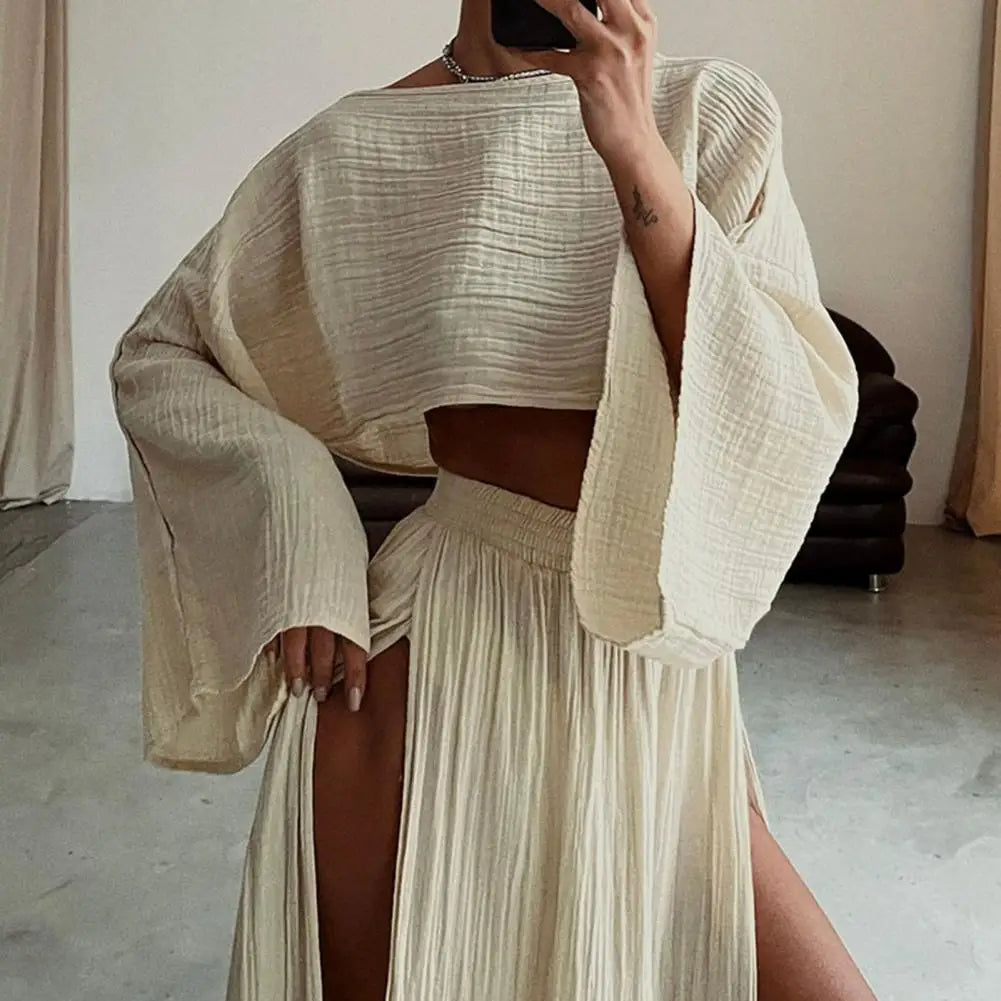 Crop Top met Lange Mouwen en Maxi Rok met Split - Boho Zomeroutfit