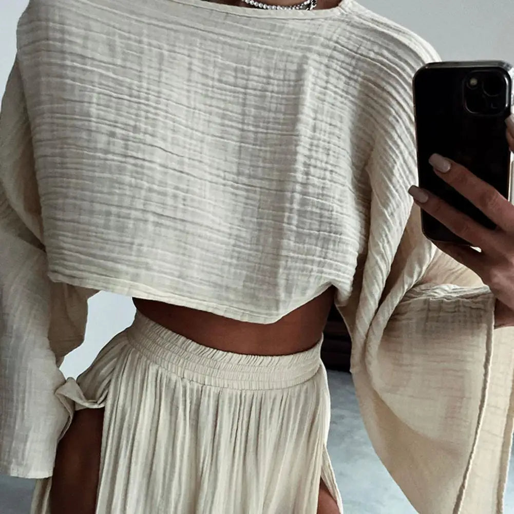 Crop Top met Lange Mouwen en Maxi Rok met Split - Boho Zomeroutfit