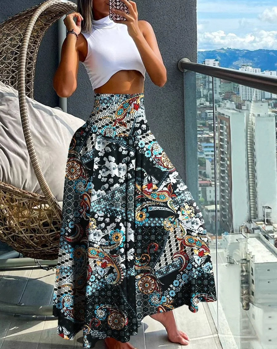 Maxi Rok met Tropische Print – Hoge Taille Zomerrok met Wijde A-Lijn