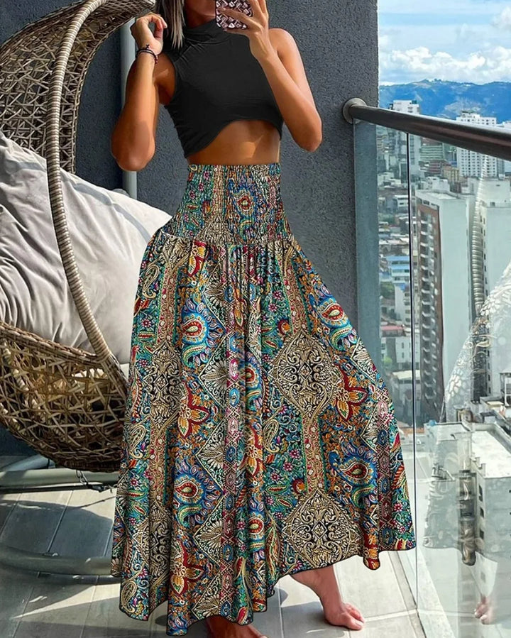 Maxi Rok met Tropische Print – Hoge Taille Zomerrok met Wijde A-Lijn