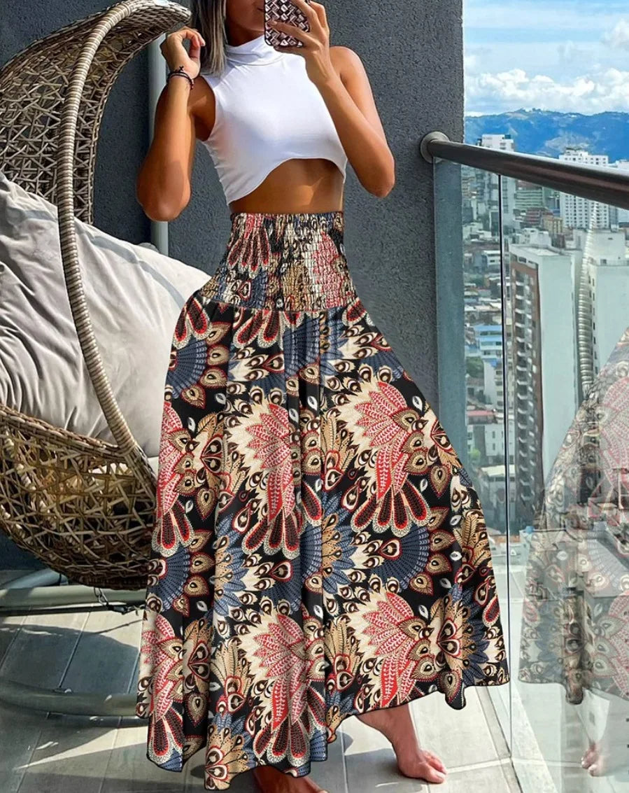 Maxi Rok met Tropische Print – Hoge Taille Zomerrok met Wijde A-Lijn