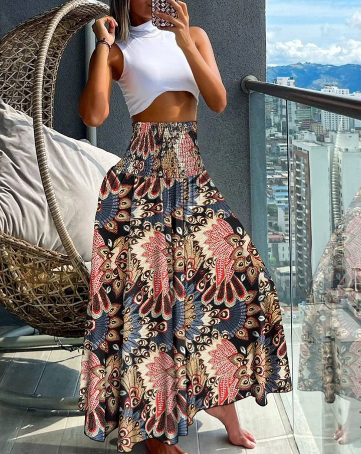 Maxi Rok met Tropische Print – Hoge Taille Zomerrok met Wijde A-Lijn