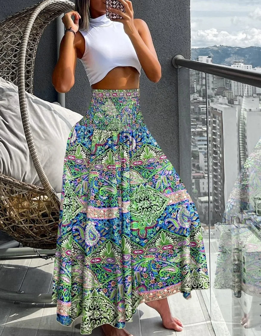 Maxi Rok met Tropische Print – Hoge Taille Zomerrok met Wijde A-Lijn