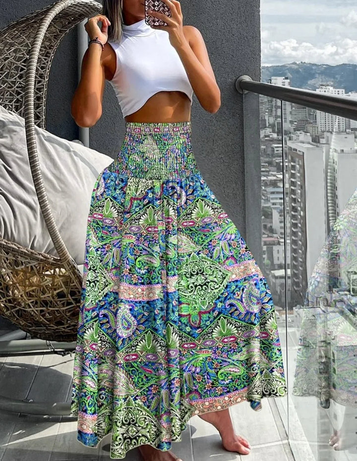Maxi Rok met Tropische Print – Hoge Taille Zomerrok met Wijde A-Lijn