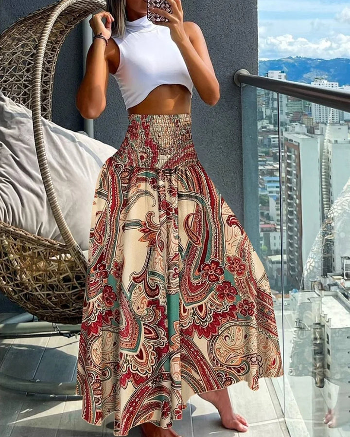 Maxi Rok met Tropische Print – Hoge Taille Zomerrok met Wijde A-Lijn