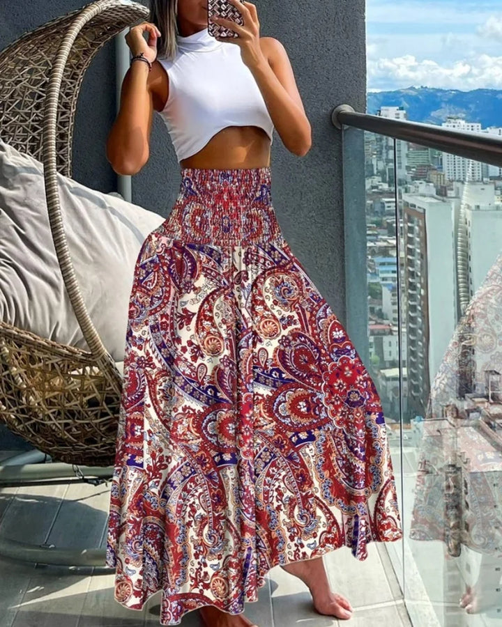Maxi Rok met Tropische Print – Hoge Taille Zomerrok met Wijde A-Lijn
