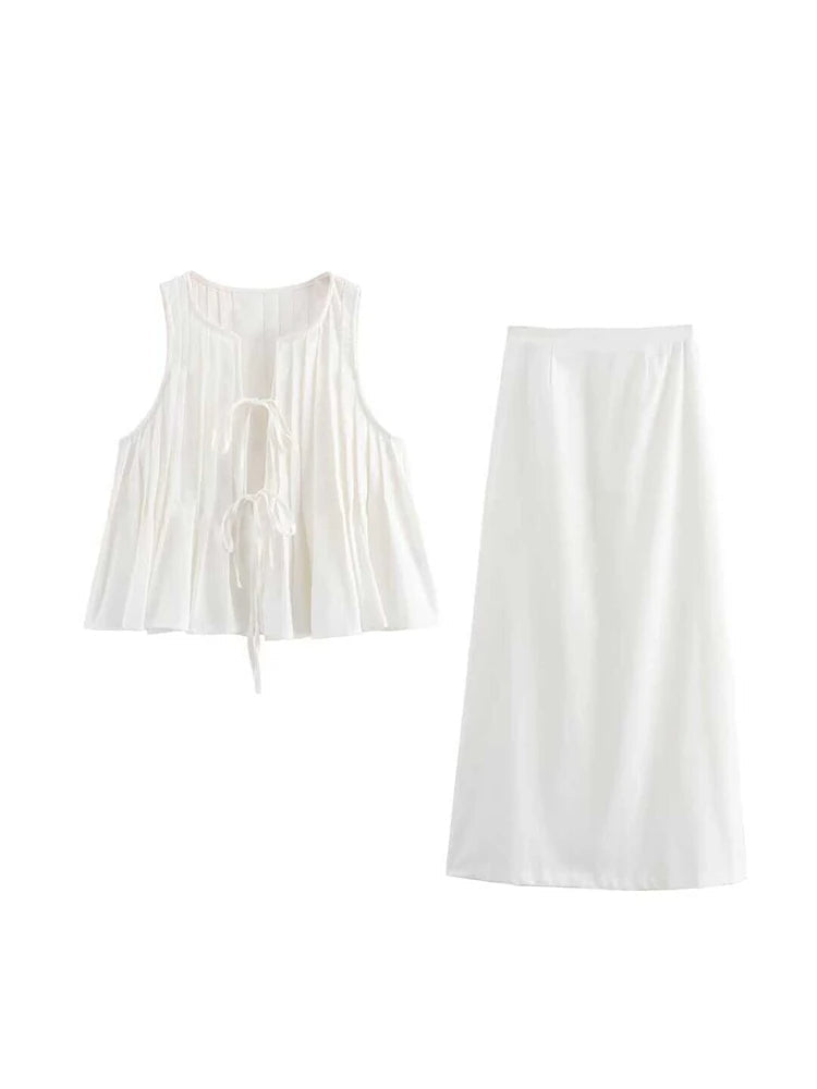 Mouwloze Plissé Top met Striksluiting en Midi Rok - Co ord set