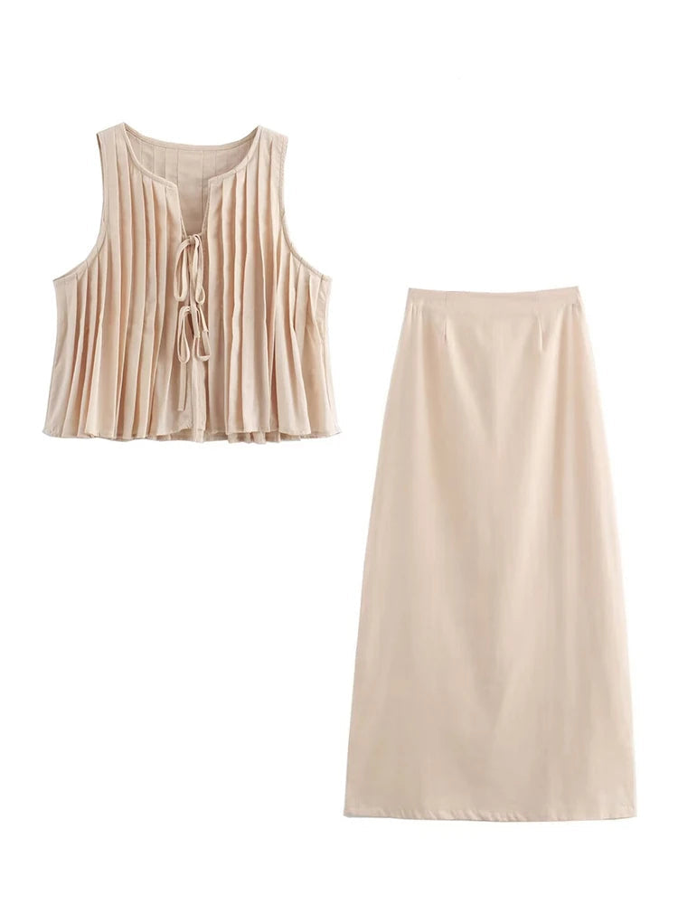 Mouwloze Plissé Top met Striksluiting en Midi Rok - Co ord set