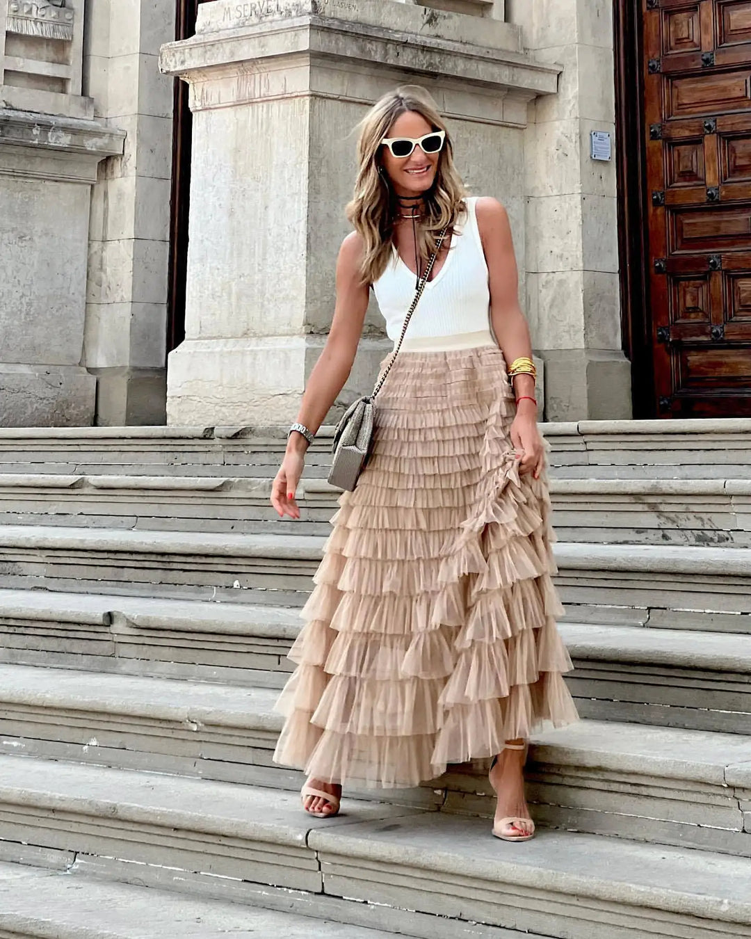 Nude Tule Maxi Rok Met Elegante Lagen - High Waist Fit