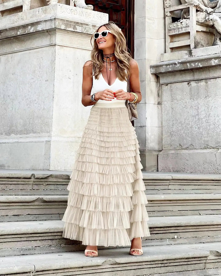 Nude Tule Maxi Rok Met Elegante Lagen - High Waist Fit
