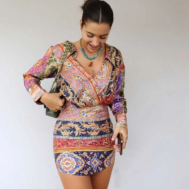 Boho Floral Satin Blouse & Mini Skirt Co ord Set