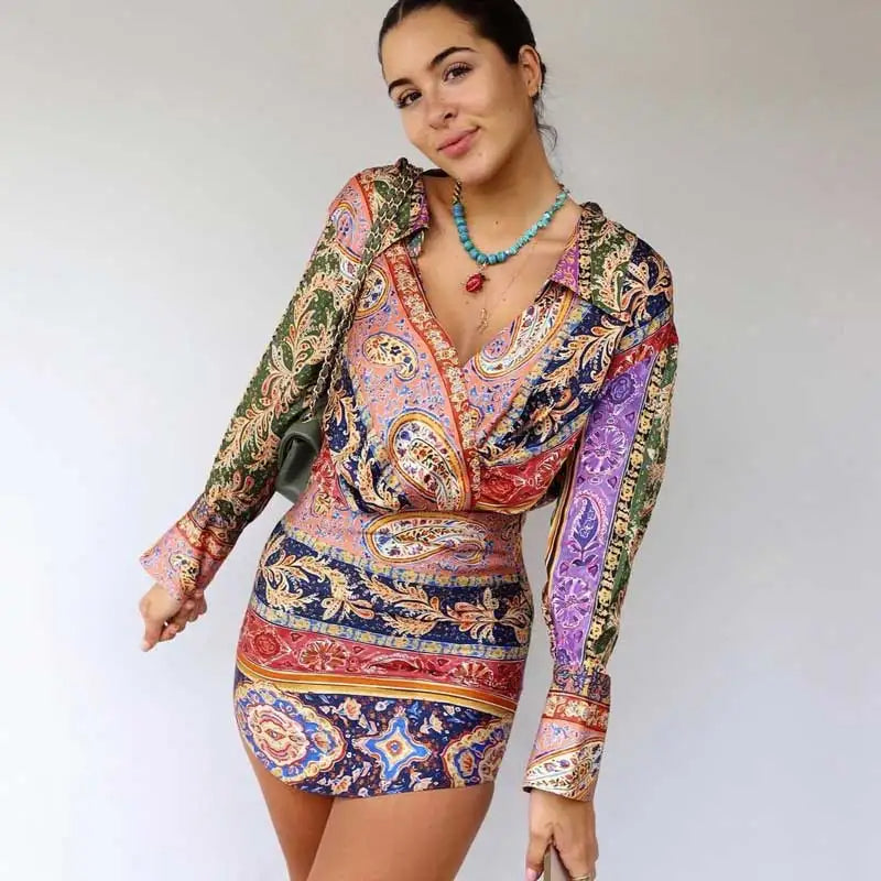 Boho Floral Satin Blouse & Mini Skirt Co ord Set
