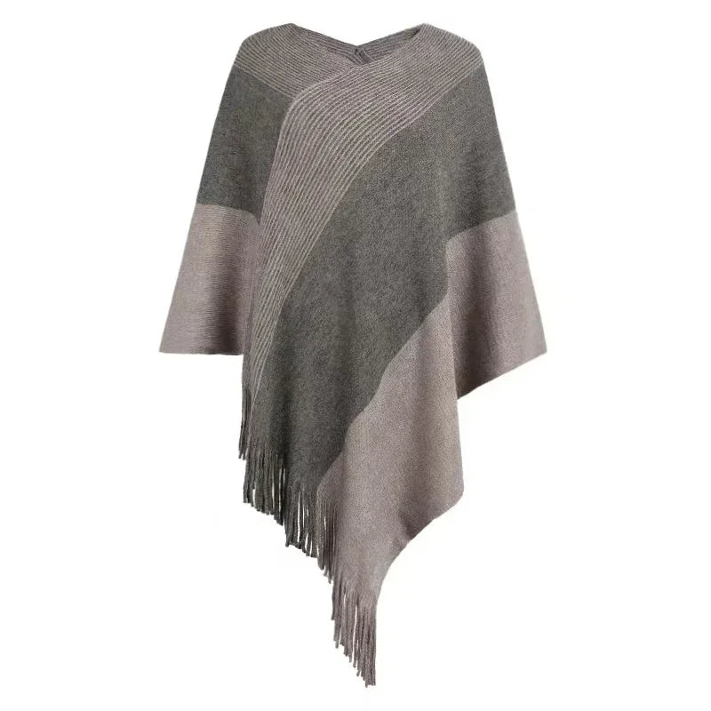 Kleurblok Gebreide Poncho – Asymmetrische Cape Met Franjes