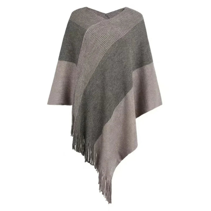 Kleurblok Gebreide Poncho – Asymmetrische Cape Met Franjes