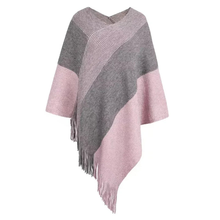 Kleurblok Gebreide Poncho – Asymmetrische Cape Met Franjes