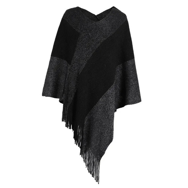 Kleurblok Gebreide Poncho – Asymmetrische Cape Met Franjes