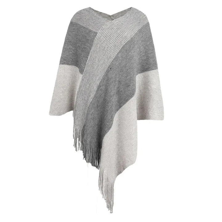 Kleurblok Gebreide Poncho – Asymmetrische Cape Met Franjes