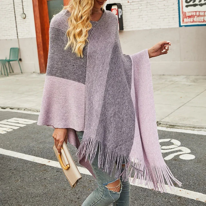 Kleurblok Gebreide Poncho – Asymmetrische Cape Met Franjes