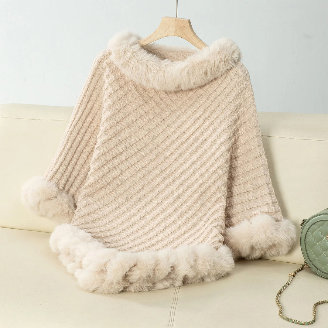 Poncho Met Nepbontrand – Zachte Gebreide Cape Met Kraag
