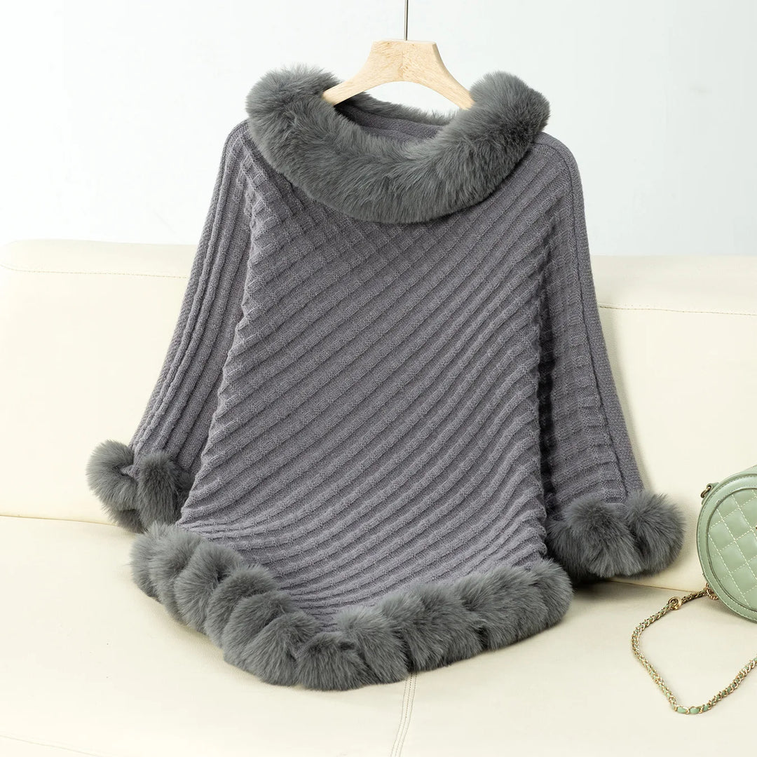 Poncho Met Nepbontrand – Zachte Gebreide Cape Met Kraag