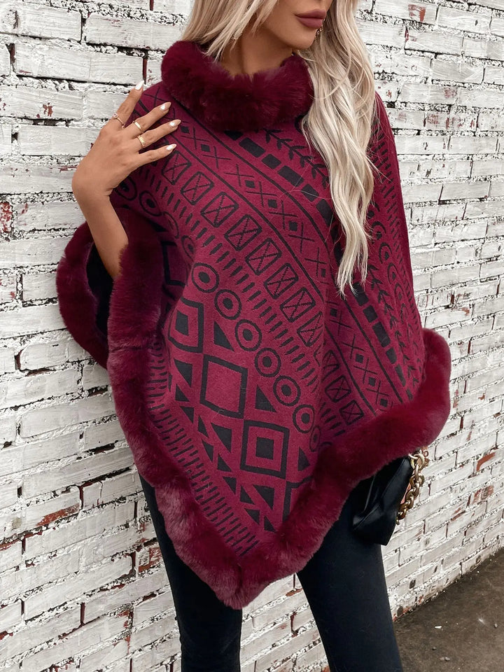 Poncho Met Patroon – Winter Warme Cape Met Imitatiebontrand